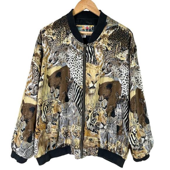 Vintage 80s Atlantic Beach 100% Silk Safari Animal Lightweight Bomber Jacket, XL - Picture 1 of 15